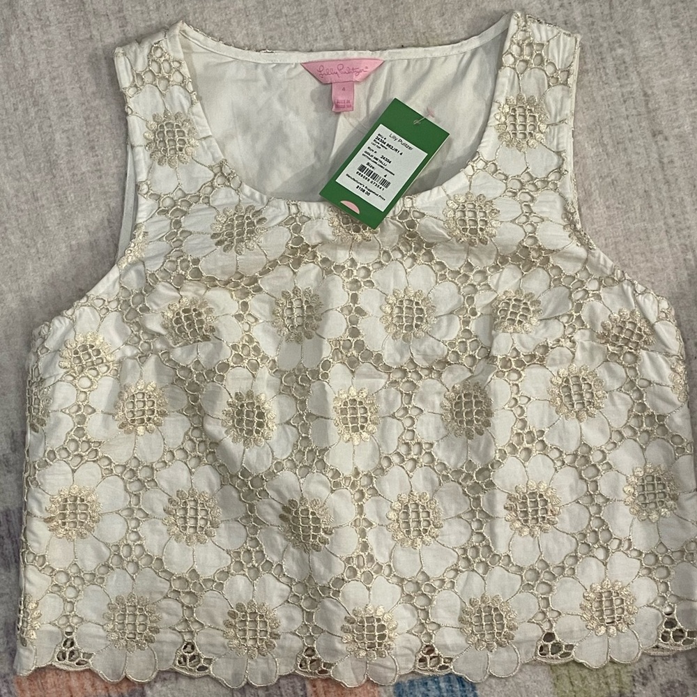 NTW- Lilly Pulitzer Crop top- white and gold lace size 4